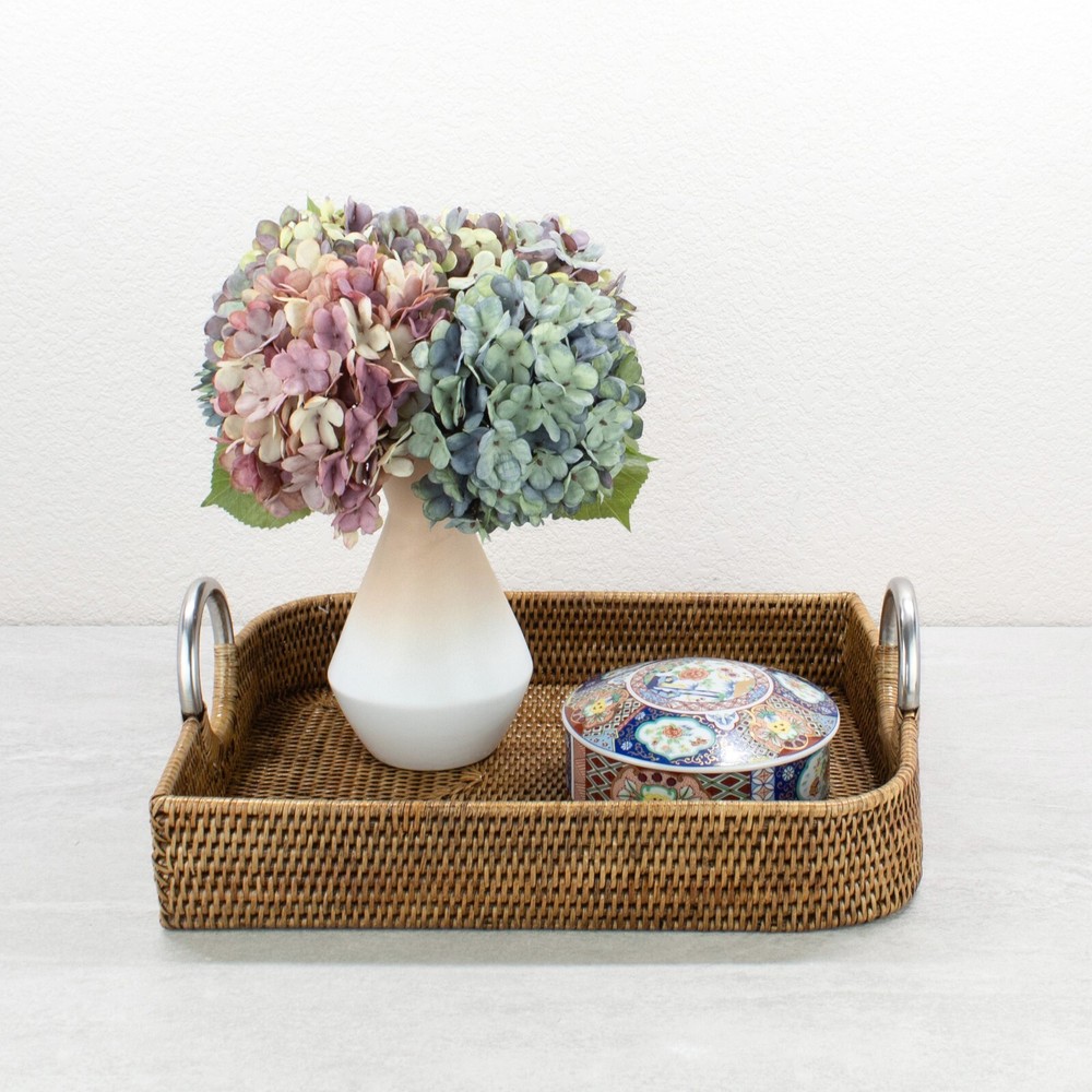 Tight Woven Leaf-Shaped Luxury Rattan Tray with Modern Steel Handles-Honey Brown
