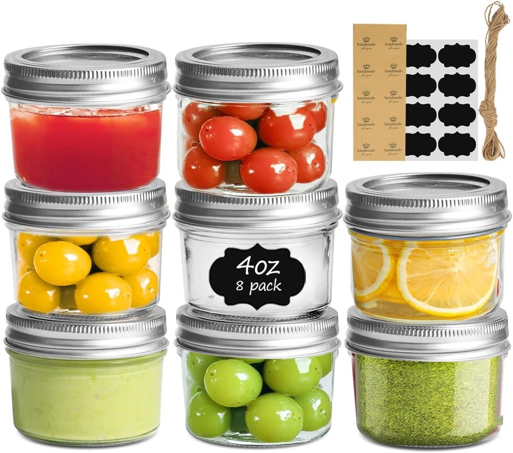 8 Pack 4 Oz Clear Mini Mason Jars Regular Mouth Glass Storage
