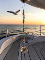 Handmade one of a kind Anchor Blue crystal glass beaded suncatcher 6″ (6 inches)
