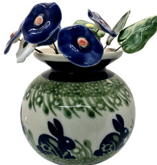 Polish Pottery Round Vase Bunny Rabbit 11 Polish Ceramic Flowers 2 Leaves