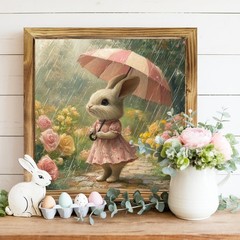 Wooden Plaque Easter Bunny Girl with Umbrella Floral Spring Farmhouse Decoration