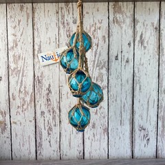 Glass Fishing Floats On Jute Rope – Red, Blue, Aqua, Green – Nautical Wall Decor