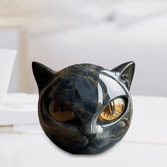 Black Cat Stone Sculpture Resin Statue w/ Amber Eyes Halloween Cat Figurine Gift