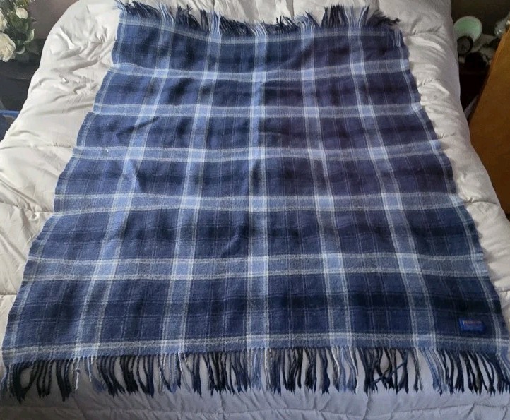 Pendleton 100% Virgin Wool Tartan Plaid Fringe Blanket Throw Blue White 60”x 50”