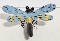 Metal Dragonfly Sculpture Hand-Painted Blue Yellow Brown Decor Wings – 6 Inches