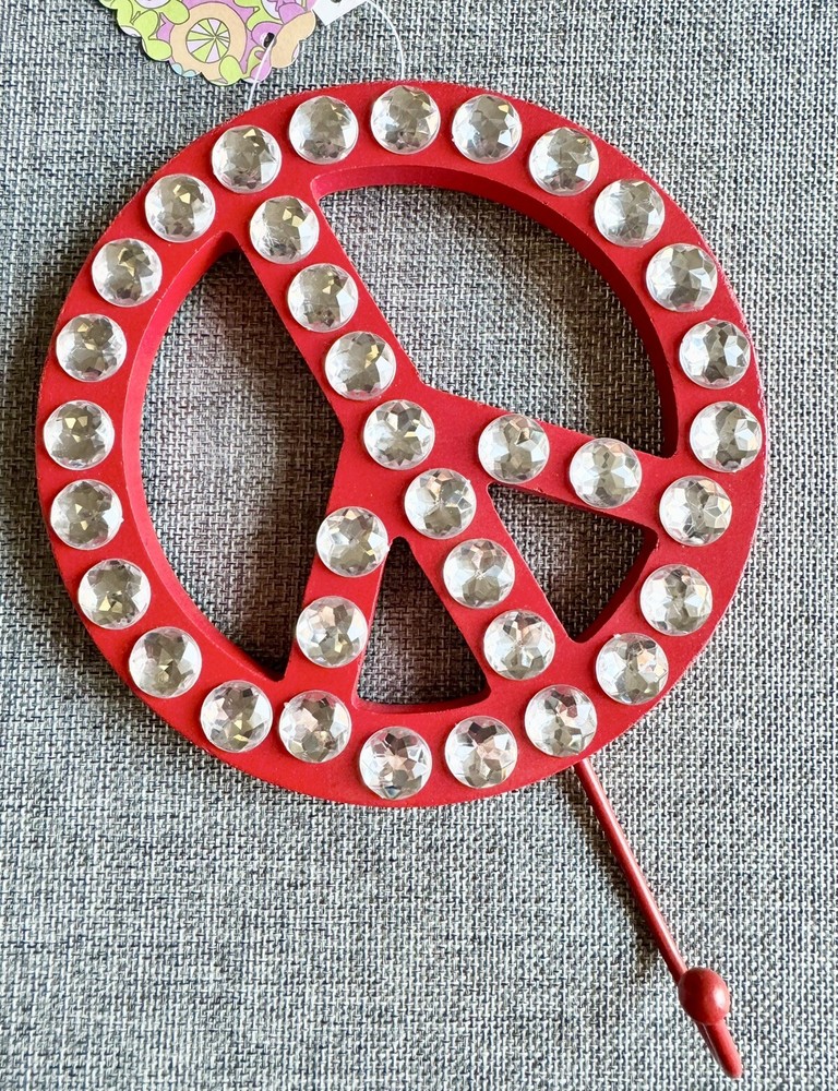 New Red Peace Sign w/ Rhinestones Wood & Metal Dorm Kids Wall Hook Decor – 8.25”