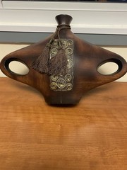 Wooden Urn Vase with Asian Artwork Decorations
