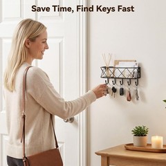 Multi-Functional Wall Key Holder with 5 Hooks & Basket – Easy Installation