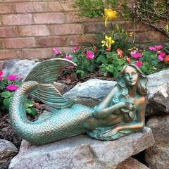 Mermaid Statue Laying Down Lady Nautical Beach Decor Bronze Patina Patio Gift 12