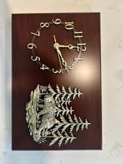 Hanging rectangular clock with gold bear and woods details