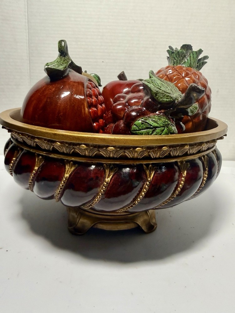 Ceramic Multicolor Fruit Centerpiece Bowl with Pineapple Pear Grapes Apple Pom