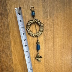 Gold Metal & Blue Beaded Hanging Suncatcher with Bird Charm 9in x 2in