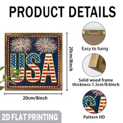 Patriotic USA Fireworks Wood Plaque, Flag Letter Print 4th of July Wall Decor