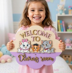 Personalized Cute Cat Name Sign Custom Kids Room Nursery Wooden Decor