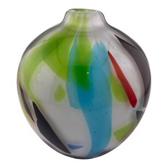 Hand Blown Art Glass Bud Vase Multi Colors Smooth 7” Tall Heavy Good Condition