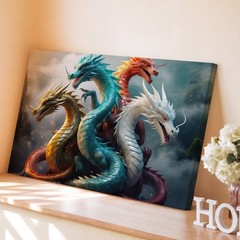 Dynamic Composition Featuring Five Majestic Dragons Intertwined Against Wall Art