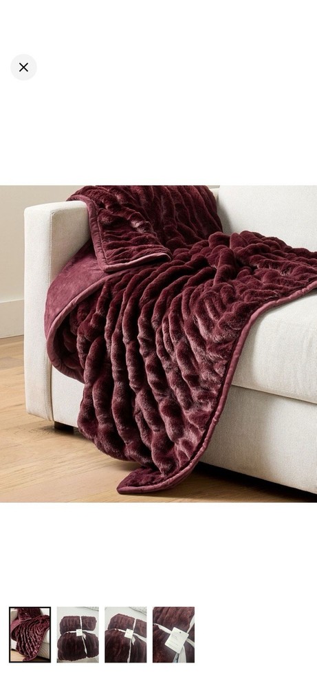 Pottery Barn Ruched Faux Fur Sofa Throw Blanket Burgundy 50×60 Living/Bed
