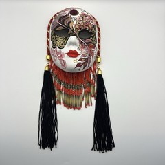 Hand Painted Venetian Style Wall Mask Beaded Tassels Red Black Decorative Art