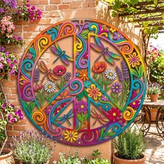 Boho Peace Sign Wall Hanging, Metal Dragonfly Art, Colorful Flower Decor