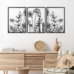 3 Pcs Black Metal Flower Wall Art Minimalist Flower Line Sculpture 16.5″x9.8″