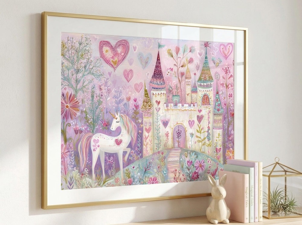 Unicorn Wall Art, Fairy Tale Nursery Print, Pink Fantasy Kids Room Decor