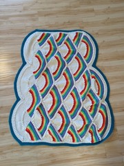Vtg Handmade Rainbow and Clouds Crocheted Afghan Scalloped Blanket – 43×50