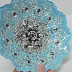 Rare Handmade Turkish Silver Teal Blue Glass Decorative Plate Bowl 9″