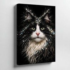 Black And White Long Hair Cat Portrait Canvas Wall Art With Glitter Effect Home