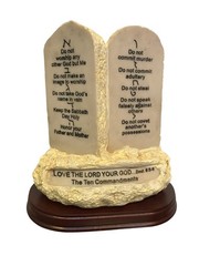 Ten Commandments Tabletop Decor Stone Replica Statue with Scripture on Wood Base