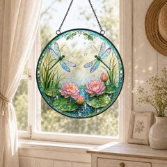Dragonfly Pond Stained Glass Style Suncatcher, UV Printed Round Window Hanging