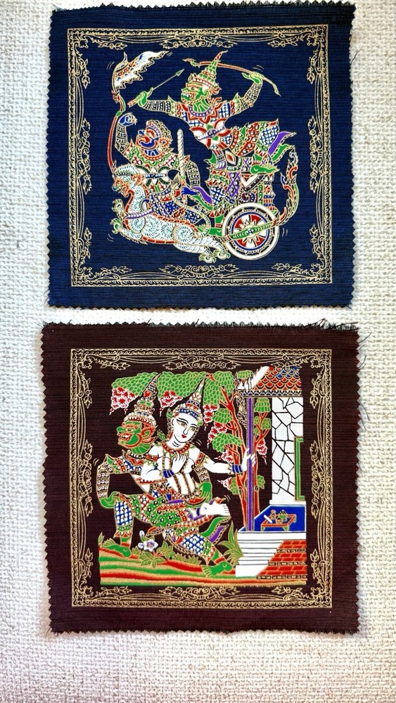 Set of 2 Thai Ramakien Silk Print Fabric Panels 7” Square Mythology Art