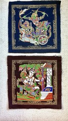 Set of 2 Thai Ramakien Silk Print Fabric Panels 7” Square Mythology Art
