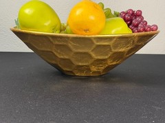 Vintage Gold Fruit Bowl Centerpiece Faux Fruit Decor Set 13” Mid Century
