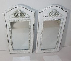 Set of 2 White Shabby Chic Wall Mirrors Carved Pediment 6.5X13.75