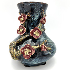 Vintage Blue Drip & Floral Pottery Vase Cherry Tree Mid-Century Unknown Signed