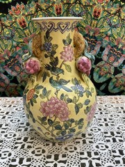 Andrea by Sadek Yellow Famille Jaune Vase with Pink Peony Flowers 9″