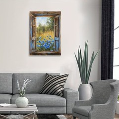 Rustic Open Window Blue Cornflower Canvas Wall Art, Country Home Decor