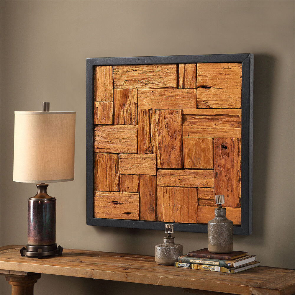 Farmhouse Slatted Collage Wall Art 17»x17» Rustic Teak Wood Decor Handmade
