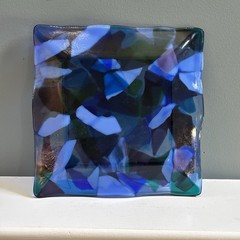 Heavy Blue Purple White Fused Art Glass Square Plate 10-1/4”