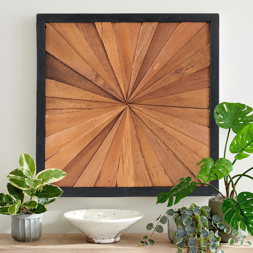 Rustic Teak Wood Wall Art – 17″x17″ Geometric Starburst Panel, Handcrafted Decor