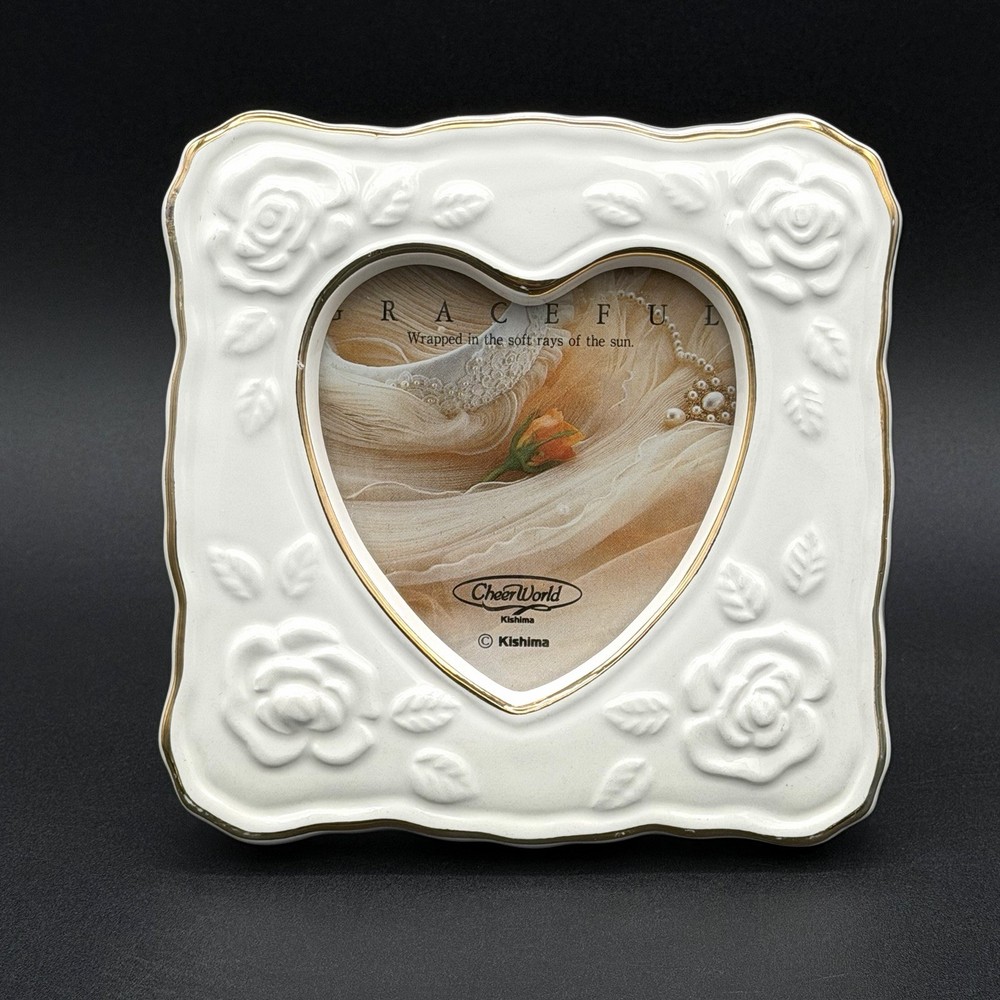 New White Porcelain Heart Frame 3 X 3 Photo Roses Gold Trim 4.75 X 4.75 Inch