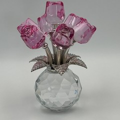 Handmade Crystal Glass Pink Rose Bouquet Flowers Vase Figurine + Gift Bag & Card
