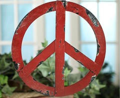 Rustic Red Metal Antiqued Groovy Peace Hanging Sign Hippie Home Door Decoration