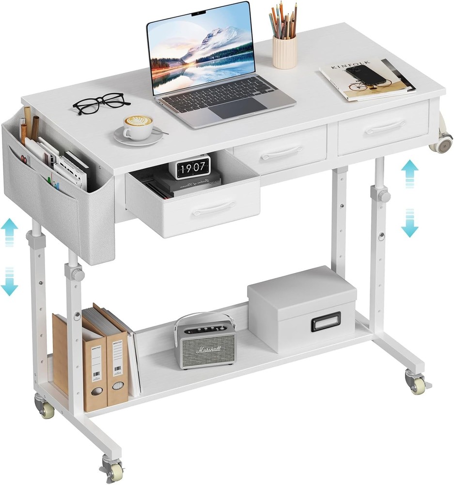 Portable Rolling Computer Desk – 40″ Adjustable Mobile Standing Desk with 3 Draw