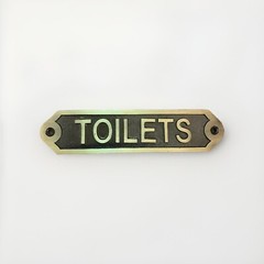 Outdoor decor, small cast iron sign, «Toilets», antique brass, 6″x1.5″