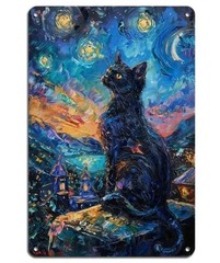Black Cat Starry Night Van Gogh Metal Wall Art Tin Sign Retro 8×12