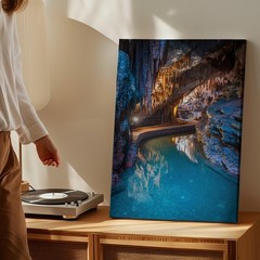 Serene Cave Interior Featuring Dramatic Rock Formations With Elongated Wall Art