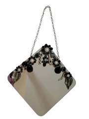 Accent Wall Mirror Upcycled With Gem And Jewels Black White Silvertone 16″ Long