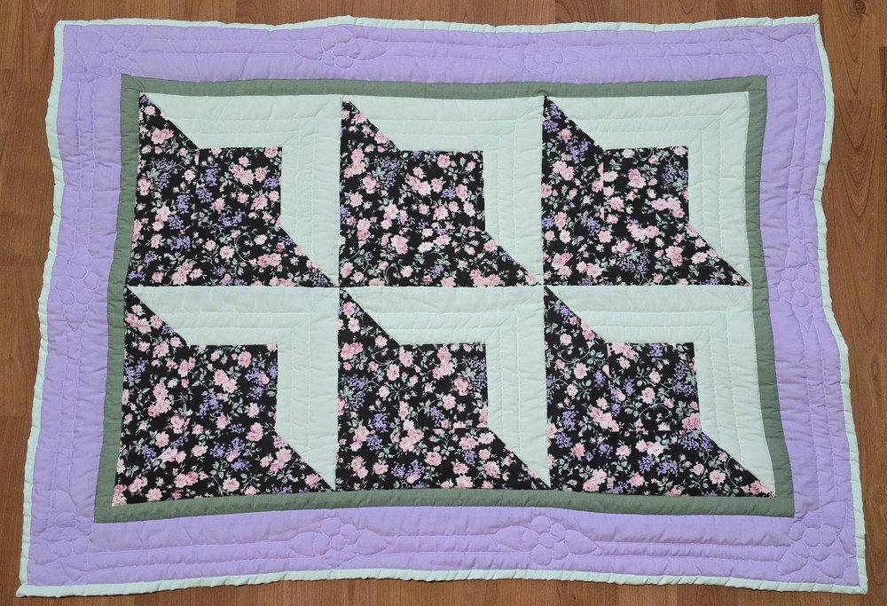 Vintage Handmade Floral Patchwork Quilt Square Lavender Cottagecore Wall Hanging