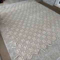 Vintage Crocheted Large Tablecloth Blanket Afghan Throw Beige Ivory 9x7ft Tassel